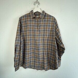 Uniqlo Womens Plaid Button-Down Shirt Large 100% Cotton Casual Long Sleeve Gray
